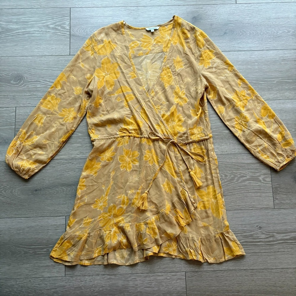 Blue Island Womens Khaki Gold Floral Ruffle Long Sleeve Mini Wrapโ Dress Size S